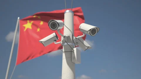Flag of China and four security cameras on the pole, looping 3d animation Stock Footage 150829977