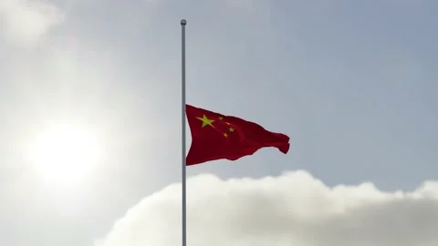 Flag of China half mast in the wind. High bitrate slow motion animation in Stock Footage 219301629