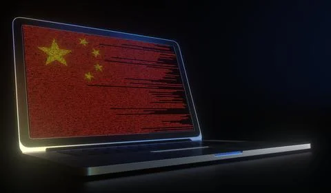 Flag of China made with computer code on the laptop screen. Hacking or Stock Illustration