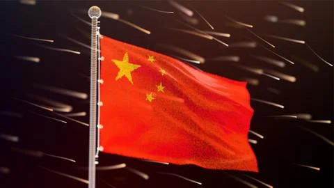 Flag of China made of luminous dots, bottom view. Fluttering in the wind. Vector Stock Illustration