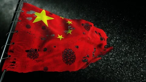The flag of China is torn and marked with the virus of covid-19 . Stockbeeldmateriaal 127196511