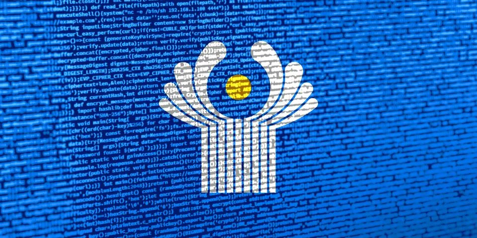Flag of the CIS over digital code. Concept of cybersecurity, innovation, an.. Stock Photos