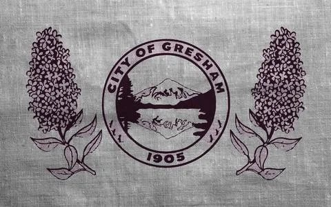 Flag of the city of Gresham, Oregon, USA, on a background of fabric texture.  写真素材