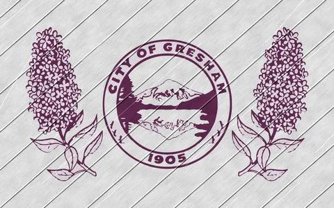 Flag of the city of Gresham, Oregon, USA, on a background of a wooden fence.  写真素材