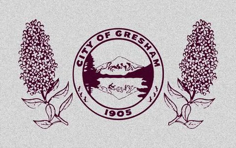 Flag of the city of Gresham, Oregon, USA, on a background of fabric texture.  写真素材