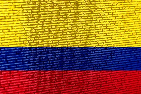 Flag of Colombia over digital code. Concept of cybersecurity, innovation, a.. Illustration