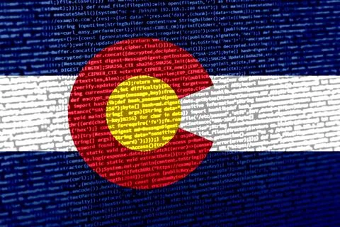Flag of Colorado over digital code. Concept of cybersecurity, innovation, a.. Illustration