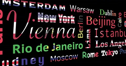 Flag-colored mosaic of cities, loop, alpha Video stock 81987892