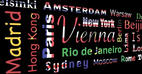 Flag-colored mosaic of cities names, loop Stock Footage 81970176