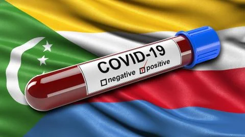 Flag of Comoros waving in the wind with a positive Covid-19 blood test tube. 스톡 일러스트