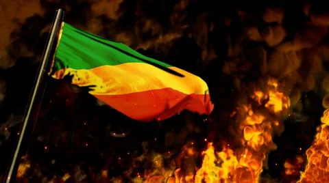 Flag of Congo on burning fire bg - hard times concept - abstract 3D rendering Stock Illustration