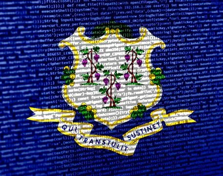 Flag of Connecticut over digital code. Concept of cybersecurity, innovation.. Illustration