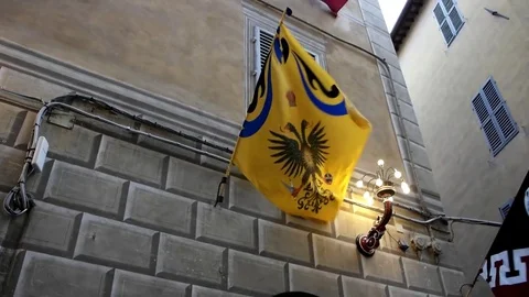 Flag of the Contrada dell'Aquila waving between the houses of Siena, Tuscany - I Video stock 83458586