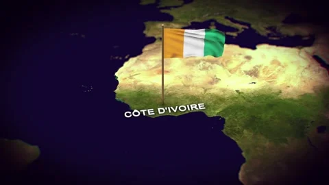 The Flag of Cote d'Ivoire Ivory Coast on the World Map, flag 3d animation Stock Footage 289651552