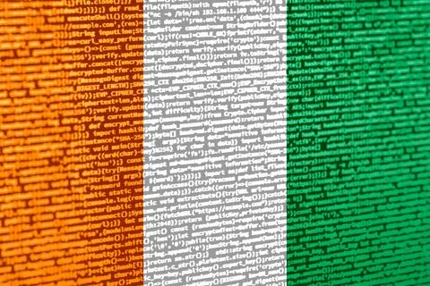 Flag of Cote d'Ivoire over digital code. Concept of cybersecurity, innovati.. Illustration