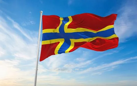 Flag of county Orkney , UK at cloudy sky background on sunset, panoramic view Stock Illustration