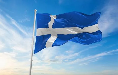 Flag of county Shetland , UK at cloudy sky background on sunset, panoramic vi Stock Illustration