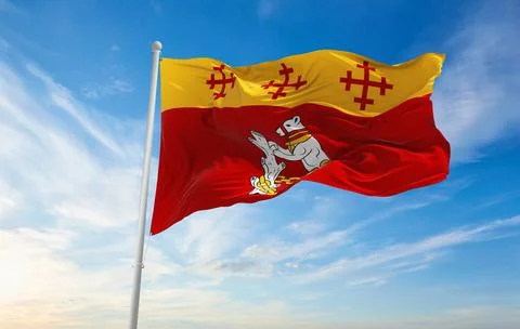 Flag of county Warwickshire, UK at cloudy sky background on sunset, panoramic Stock Illustration