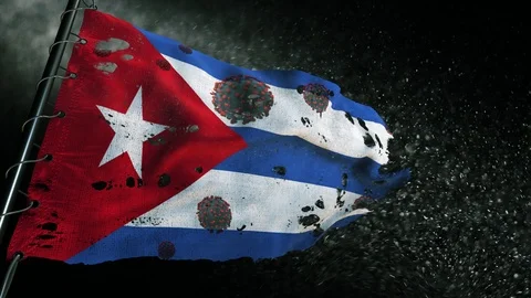 The flag of Cuba is torn and marked with the virus of covid-19 . Stockbeeldmateriaal 127196689
