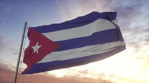 Flag of Cuba waving in the wind, sky and sun background. 3d rendering Stock Illustration