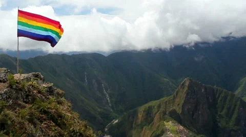 Flag of Cusco Peru with Machu Picchu in background Video stock 10836330