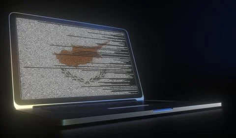 Flag of Cyprus made with computer code on the laptop screen. Hacking or Stock Illustration