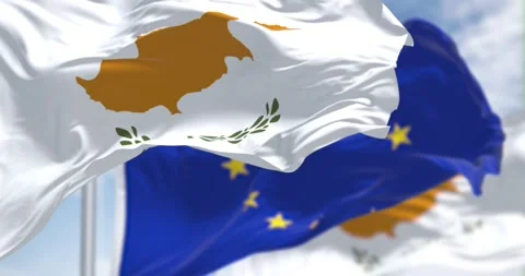 Flag of Cyprus waving in the wind with blurred EU FLAG Stock Footage 189412065