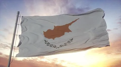 Flag of Cyprus waving in the wind, sky and sun background. 3d rendering Stock Illustration