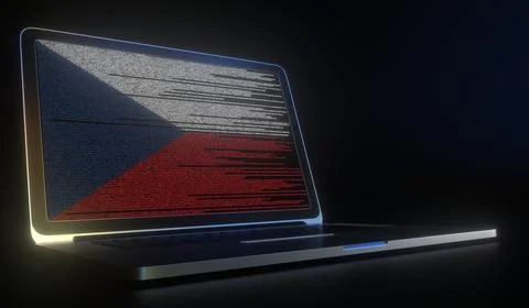 Flag of the Czech Republic made with computer code on the laptop screen. Hacking 库存插图