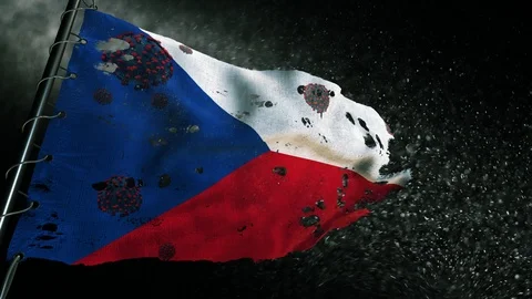 The flag of Czech Republic is torn and marked with the virus of covid-19 . Видео 127196681