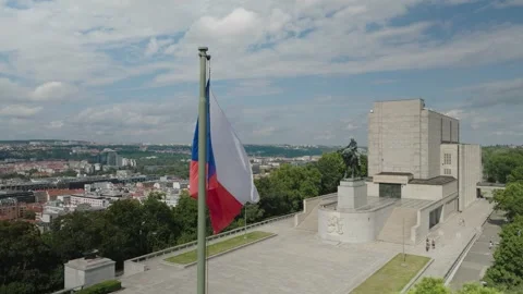 Flag of the Czech Republic on Vítkov Hill in the city of Prague, aerial view Stock Footage 286272374