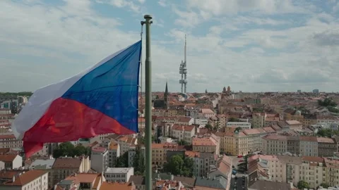 The flag of the Czech Republic on Vítkov Hill in city of Prague, aerial view Stock Footage 286272383