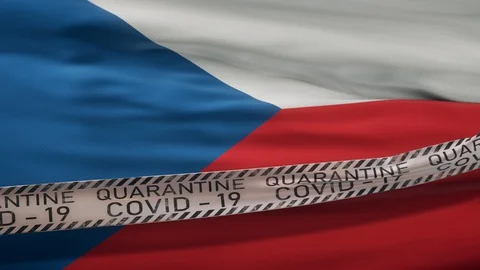 Flag of Czech Republic waving on wind with Covid-19 quarantine tape Stock Footage 127832125