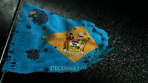 The flag of Delaware is torn and marked with the virus of covid-19 . 스톡 동영상 127197094