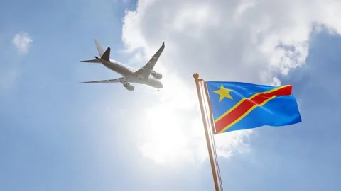 Flag of Democratic Republic of the Congo with Airplane arriving or departing Video stock 137547306