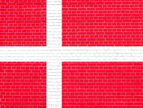 Flag of Denmark on brick wall texture background. Danish national flag. Stock Illustration