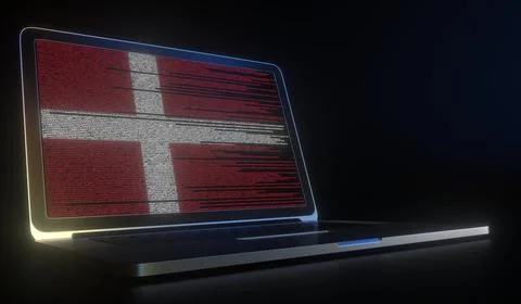 Flag of Denmark made with computer code on the laptop screen. Hacking or 库存插图