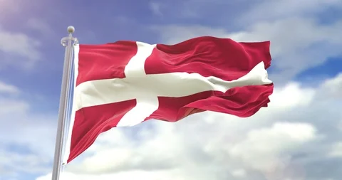 Flag Of Denmark Sky Background. Denmark Flag Wave Slow Motion And Loop 4K. 库存影片 96414667