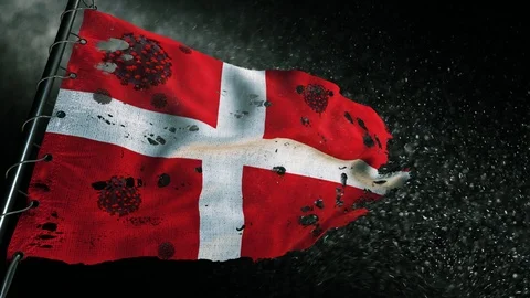 The flag of Denmark is torn and marked with the virus of covid-19 . 動画素材 127197077