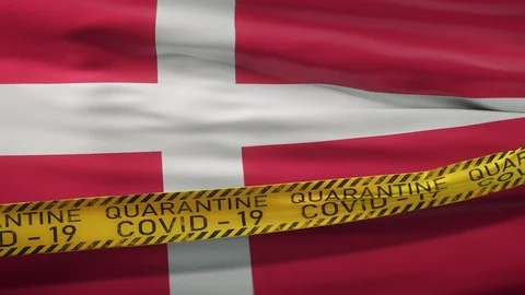 Flag of Denmark waving on wind with Covid-19 quarantine tape Stock Footage 127852573