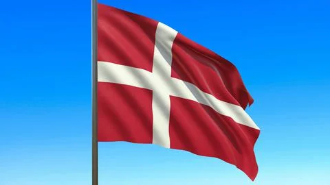 Flag of Denmark waving in the wind on flagpole against the sky 3d-rendering Stock-Illustration