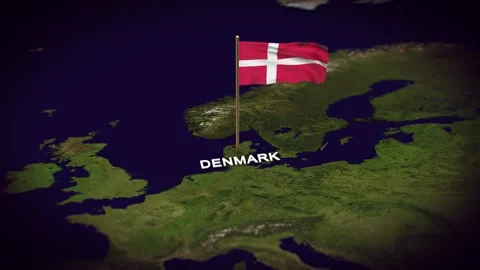 The Flag of Denmark on the World Map, Denmark map with flag 3d animation Stock Footage 306599160