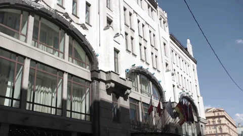 Flag of different countries. Many international flags on front of the hotel Stock Footage 83186083