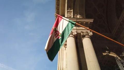 Flag at the door of St. Stephen's Basilica in Budapest, Hungary Stock Footage 111679288