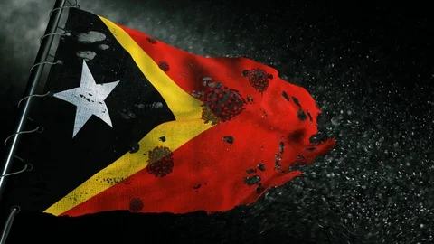 The flag of East Timor Leste is torn and marked with the virus of covid-19 . 動画素材 127197287