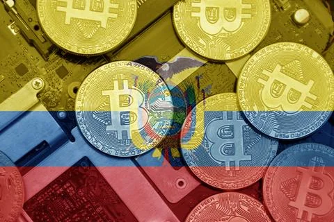 Flag of ecuador on the bitcoins with computer electronic circuit board backgr Stock-Fotos