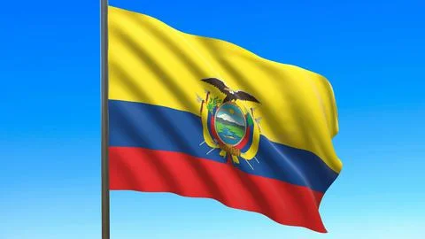 The flag of ecuador fluttering in the wind against a blue sky background 3d-r イラスト素材