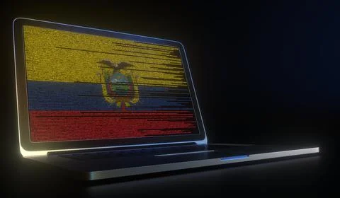 Flag of Ecuador made with computer code on the laptop screen. Hacking or 库存插图