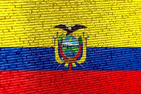 Flag of Ecuador over digital code. Concept of cybersecurity, innovation, an.. Illustration