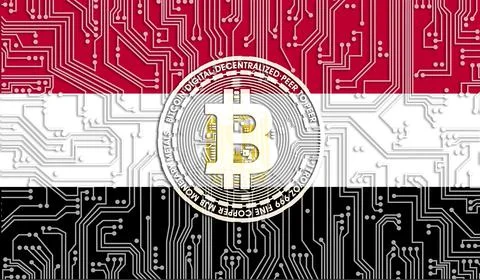 Flag of Egypt and bitcoin, Integrated Circuit Board pattern. Bitcoin Stock Gr Stockillustratie